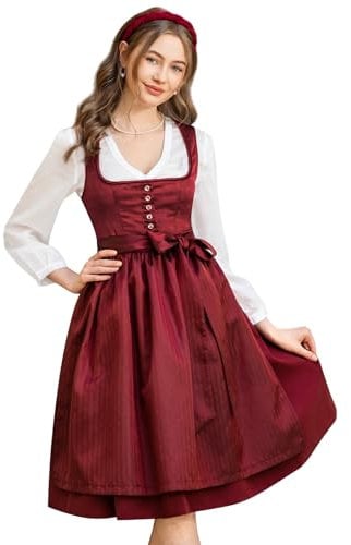 Dirndl Star Dirndl Donna Midi Rosso – Abito Tradizionale Donna con Grembiule Plissettato per l'Oktoberfest 46