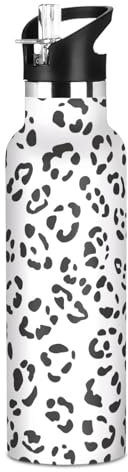 BURSTDDY Kids Insulated Water Bottle,White Leopard Print 20oz BPA-Free Stainless Steel Sports Water Bottle with Straw Lid for Gym Camping Hiking