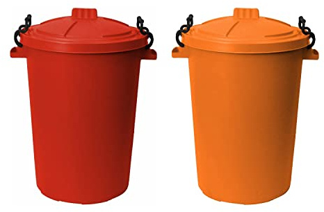 Eason Bros - 2 x 50L Extra Large Heavy Duty Plastic Bin with Clip Lock Lid, Weatherproof Outdoor Indoor Use Multicolour Dustbin for Rubbish Garden Waste, Storage of Animal Feed (Red & Orange)
