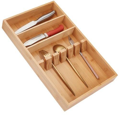 UNICRAFTALE Silverware Drawer Organizers Wood Utensil Organizer Kitchen Flatware Organizer 3 Compartment with 6 Card Slots Cutlery Tray for Forks Knives Spoons 25.5x42x5cm