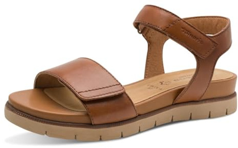 Tamaris Damen Wide Fit Damen Sandalen flach aus Leder mit Klettverschluss, braun (cognac nap uni), 38 EU