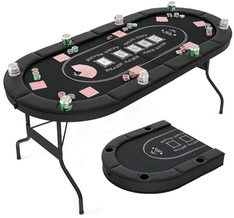HOMASIS Pokertisch klappbar für 8 Spieler, Spieltisch mit 8 Getränkehaltern aus Metall, Profi Poker Tisch mit gepolsterter Armauflage, Casino Roulette Tisch für Blackjack, Texas Hold'em (Schwarz)