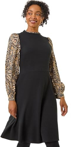 Roman Petite Contrast Frill Neck Stretch Dress for Women UK - Ladies Everyday Autumn Winter Round Neckline Comfy Soft Evening Vacation Work Party Night Out - Petite Noir - Size 12