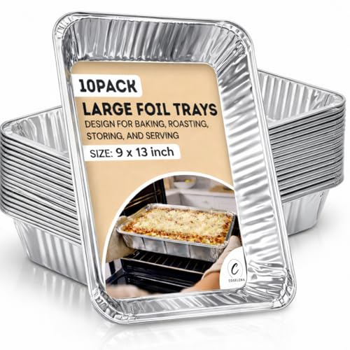Coselena Large Foil Aluminium Trays Pack of 10 – Heavy-Duty Deep Foil Containers 32 x 26 x 7 cm – Disposable Baking, Cooking, Roasting, BBQ & Meal Prep Trays – Ideal for Catering, Parties & Christmas
