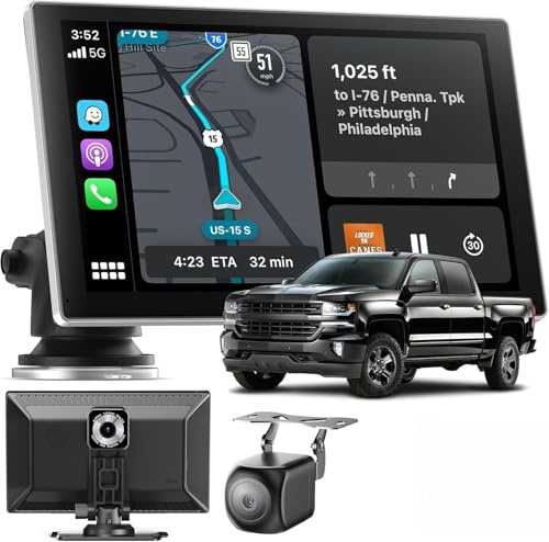 Carplay Display 9 - 4K-Dashcam & 1080P-Rückfahrkamera Drahtloses Tragbares für Apple Carplay & Android Auto, Unterstützung GPS-Navigation, Bluetooth 5.0, Sprachsteuerung, Mirror-Link, OTA-Updates