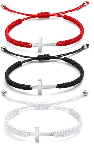 Lot de 3 bracelets réglables en corde tressée avec pendentif en forme de croix en métal pour hommes et femmes, cadeaux chrétiens, amitié, couple, communion, foi (noir, blanc, rouge)