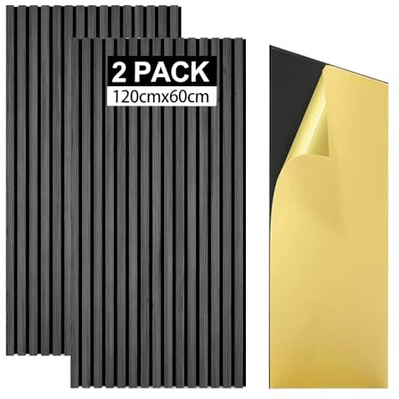 Akustikpaneele Wandpaneele Holz 1,44㎡-2er Set 120x60cm Selbstklebend 3D Wandpaneele holz Holzpaneele wand als Schallschutzplatten,Wandverkleidung Holzoptik(Selbstklebend-Ebony)