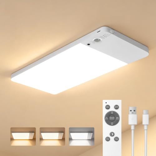LED Motion Sensor Ceiling Lights Indoor, Rechargeable Battery 12000mAh | Shed Light with Remote, Magnetic Mount, Dimmable Wireless Ceiling Light, 3 Color Temper for Bathroom, Garage, Loft, Hallway