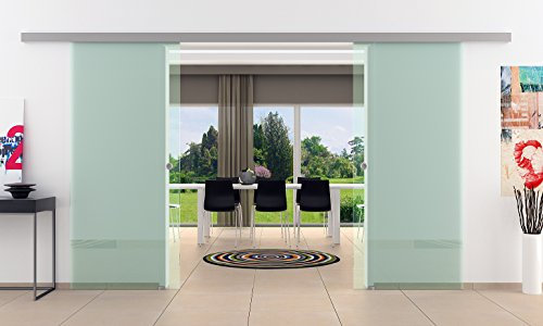 2-Flügelige Glasschiebetür-Anlage | Glas: 2Stk. 1025 x 2050 mm Klarglas | Muschelgriffe LEVIDOR® Basic System - Made in Germany und deutsches Sicherheitsglas, hochwertige Preiswerte Laufschiene mit Edelstahl Griffmuscheln / Griffmulden komplettes System fertig zur Installation