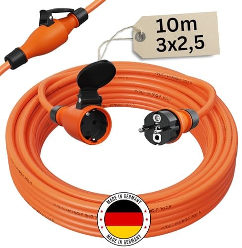 Verlängerungskabel 10 Meter IP54 Außen Verlängerung 10m Stromkabel Außenbereich Kabel Strom Verlaengerungskabel Gummikabel H07BQ-F 3x2,5 Schuko Outdoor Extension Cord