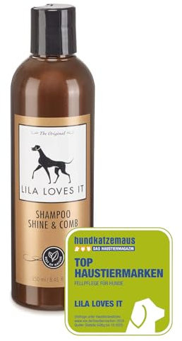 Shampoo für Hunde - natürliche Fellpflege, mit Argan- und Lavendelöl, vegan, ohne Parabene, ohne Parfum & ohne Silikon, SHAMPOO SHINE & COMB von LILA LOVES IT, 250 ml