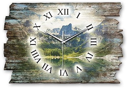 Kreative Feder Designer Wanduhr Alpen Berg See aus Holz Größe 40x27cm - Funkuhr im Landhaus-Stil Shabby-Style Made in Germany leise ohne Ticken (Alpen-Bergsee, leises Funkuhrwerk)