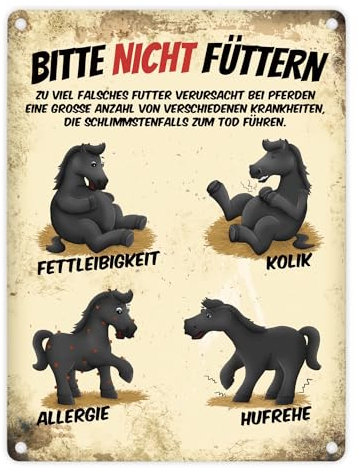 Metallschild mit schwarze Pferde Motiv und Spruch: Bitte nicht füttern