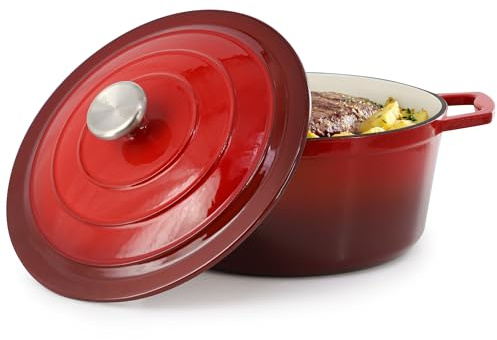 MegaChef Round Enamel Cast Iron Casserole with Lid, 5 Quart, Red