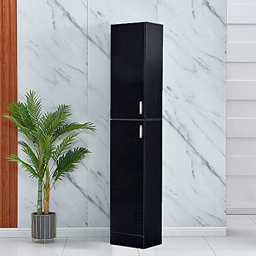 Kitchen Tall Cupboard, Narrow Floor Stand Cupboard Organizer, High Gloss Wood Slim Storage Unit with 2 Doors 4 Shelves, Tallboy Corner Shelving Cabinet for Living Room Bedroom Bathroom Office, Black