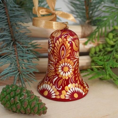 Rot-goldener Weihnachtsbaumschmuck Glocke aus Holz 6,5 х 5 cm Weihnachtsglöckchen Dekoration von Hand bemalt in der Ukraine
