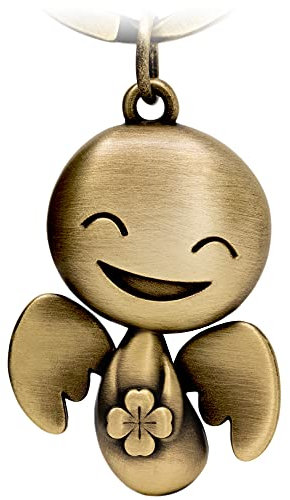 FABACH Porte-clés ange gardien Happy avec trèfle - Ange porte-bonheur en métal - Porte-bonheur pour voiture - Cadeau bonne chance, Bronze, Taille unique, Contemporain