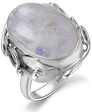 DJMJHG 925 Sterling Silber Ring Natürlicher Lapislazuli Weißer Chalcedon Mondstein Edelstein Ring Großer Stein 11x17MM Ovaler Edelstein 7 Mondstein