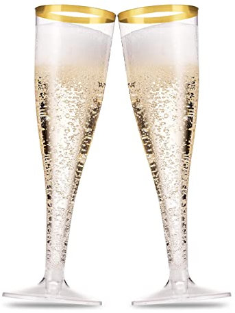 Munfix Confezione da 50 flute da champagne in plastica trasparente con bordi, 141,7 g, bicchieri da tostatura in plastica trasparente, usa e getta, per feste di nozze, con bordo dorato