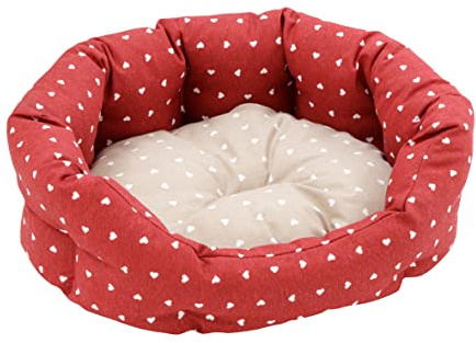 Baroni Home Hundebett aus Stoff, Größe M, weiches rundes Hundematte für Hunde und Katzen, bequem, für Schlafzimmer Wohnzimmer Flur, waschbar (45x55 cm, Beige und Rot mit Herzen)