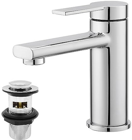 Basin Mixer Tap with Drain, BATHWEST Chrome Brass Bathroom Sink Taps with Waste, Monobloc Single Handle Bathroom Taps with Pop Up Waste 762CR