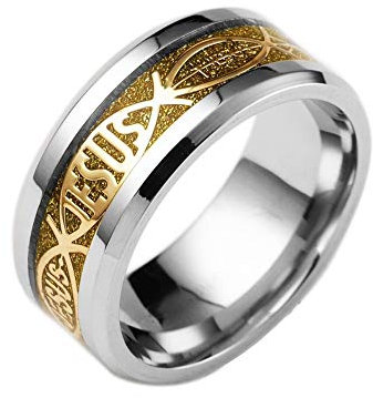 BlackAmazement 316L Edelstahl Ring Jesus Ichthys Fisch Christentum Gold blau Silber schwarz Herren Damen (Gold, 52 (16.6))