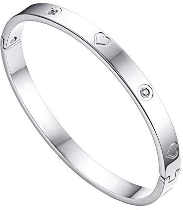JewelryWe Schmuck Damen Armreif Edelstahl Zirkonia Herz Prägung Armband 6mm breit mit Schließe Armspange Gravur Länge 18cm Silber