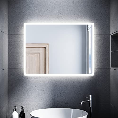 SONNI Espejo Baño con Luz 80x60 cm Espejo Baño LED Interruptor de Pared,Montaje Vertical u Horizontal Blanco Frío IP44 Bajo Consumo