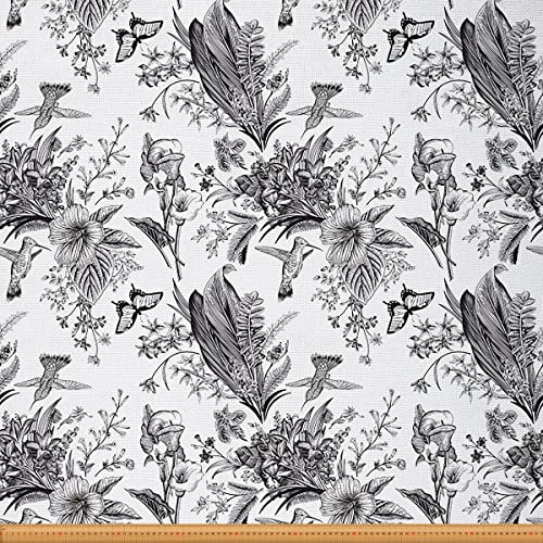 Tela de colibrí Kawaii para sillas, tela de flores florales para exteriores, tela de tinta natural para tapicería y proyectos de bricolaje en el hogar, 5 yardas, (L460 x W150 cm), blanco y negro