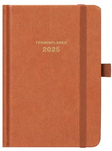 Taschenkalender 2025 - Kalender 2025 A6, Terminplaner 2025 A6 von Januar 2025 bis Dezember 2025, Wochenplaner mit Hardcover, 2 Lesezeichen, Stiftschlaufe, 15.5 x 10.5 cm - Braun