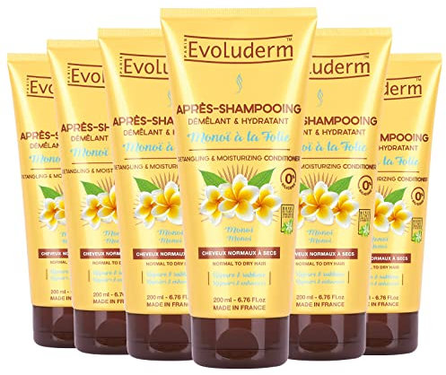 EVOLUDERM - Après-Shampooing Démélant & Hydratant Monoï à la Folie - 200 ml - 99% d'Origine Naturelle - Végan - Fabrication Française - Lot de 6 x 200 ml