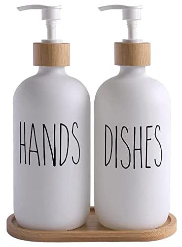 Hniuyun Glass Soap Dispenser Set of 2, Glass Soap Dispenser Bottle with Pump, 16 Oz Refillable Liquid Hand Jar Dispenser for Bathroom, Countertop, Kitchen, Laundry Room (White)