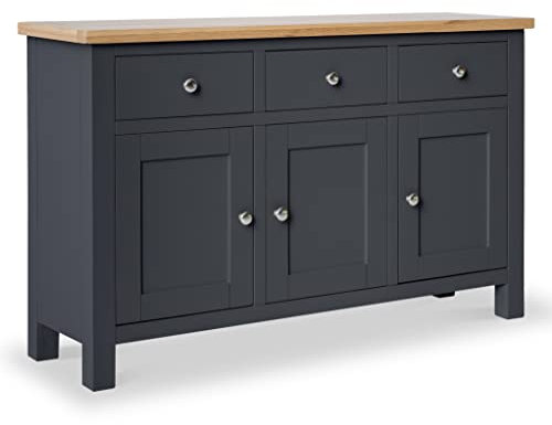 RoselandFurniture Farrow Charcoal Sideboard for Living Room Large Storage Cabinet with Oak Top | Fully Assembled Painted 3 Door Solid Wooden Cupboard with 3 Drawers for Hallway or Dining Room
