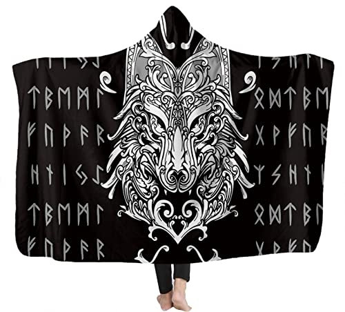 YEOL Wikinger Odins Decke mit Kapuze Weich Wohndecke Schlafdecke Sofadecke Plüschdecke Pelzdecke Wearable Nordisch Mythologie Sherpa Blanket (I, Erwachsene 150x200CM)