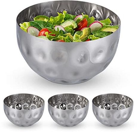 Relaxdays Set of 4 Serving Bowls, Hammered Design, Stainless Steel, Salad & Snacks, Baking & Mixing, 8.5 x 15cm, Silver