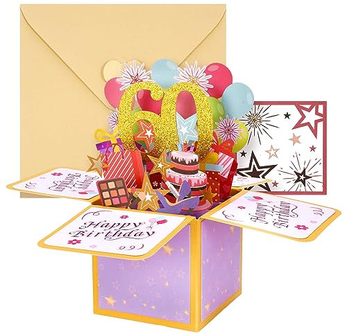 Firtink Geburtstagskarte,3D Pop Up Karte Geburtstag Pop Up Grußkarten Glückwünsche Geburtstagskarten mit Umschlag für Mama Frauen Männer Romantik Geschenk-Karte zum 60.Geburtstag (60th)