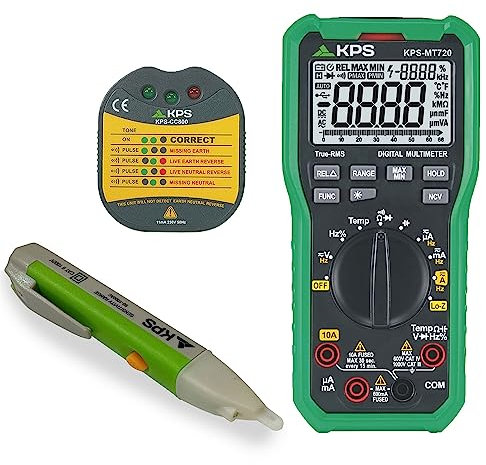 KPS Erweitertes Elektriker-Kit Messgerät mit Spannungsdetektor NCV Digitales Multimeter TRMS und Schuko-Steckertester