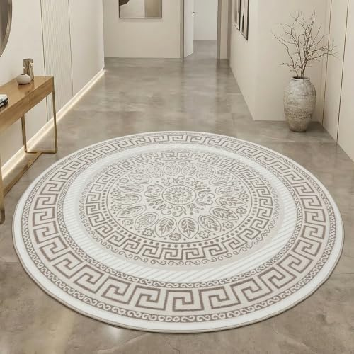 CARPETIA Teppich Rund Orientmuster Creme Beige mit Glanzeffekt Ø 200 cm | Pflegeleicht, strapazierfähig und schmutzabweisend, OEKO-TEX geprüft, für Fußbodenheizung, mit Glanzeffekt