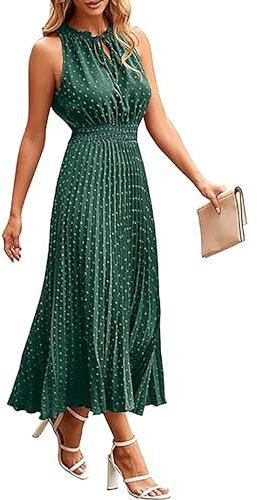 ONAYEYO Damen Sommer Plissee Lang Kleid V Ausschnitt ärmellos Schweizer Punkt Sommerkleid Elegant Hohe Taille Abendkleid Midikleid Casual Einfarbig Strandkleid (S, Dunkelgrün)
