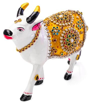 Minakari Metallfigur, traditionelle indische festliche Dekoration, Statue, Skulptur, Dekoration für Zuhause, Büro, Party und Geschenk (weiße Kuh)