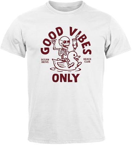 Neverless® Herren T-Shirt Printshirt Spruch Good Vibes Only Skelett-Motiv Sommer Frontprint Fashion Streetstyle weiß L