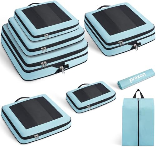 Prezon Juego 8 cubos compresión, diseño abierto visible, organizadores equipaje mano, esenciales viaje con bolsa lavandería y bolsa zapatos, regalos mujeres.