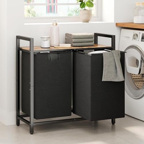 Laundry Basket 2 Compartments 95L, Double Laundry Basket with Shelf and Double Pull-Out Removable Bags, Laundry Bin, Large Washing Basket, Wooden Laundr Basket for Laundry Room, Bedroom, Bathroom