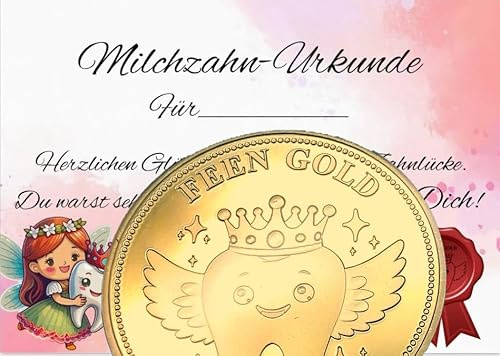 FEEN GOLD Milchzahngeschenk Zahnfeemünze mit Milchzahn Urkunde Zertifikat Brief Geschenk von der Zahnfee für Mädchen Jungen Kinder Wackelzahn Überraschung (rosa)