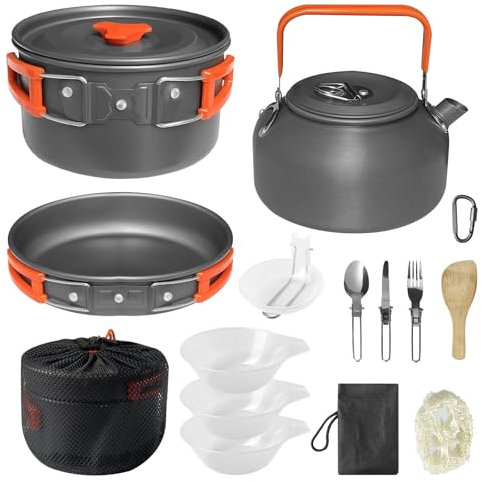 LSOSVSEU Kit de cuisine de camping 15 pièces, casserole de 1,7 l, casserole de 17,8 cm, bouilloire de 0,8 l avec assiettes, fourchettes, couteaux, cuillères, ustensiles de cuisine de camping pour