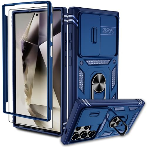 Pilaru Samsung Galaxy S24 Ultra 5G Hülle, Kameraschutz Handyhülle Cover Case mit Stück Schutzfolie, 360° Drehhalter Ring Schutzhülle Militär Outdoor Stoßfest Kratzfest Samsung S24 Ultra Hülle, Blau