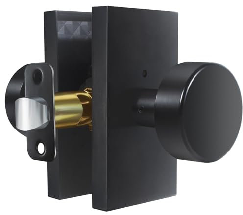 Newlaking Matte Black Zinc Alloy Privacy Door Knob with Lock, Heavy-Duty Round Handle with Rectangle Frame, Bedroom Bathroom Interior Quick Installation Lock Set, 1 Pack