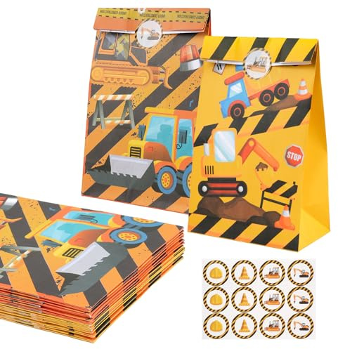 12 Stück Bagger Geschenkpapier,Kleine Tüten für Süßigkeiten,Mitgebsel Tüten | mit 18 Aufkleber,Baustelle Papiertüten Tüten Kindergeburtstag für Verpacken von Geschenken,Kindergeburtstag Mottoparty,Feiern
