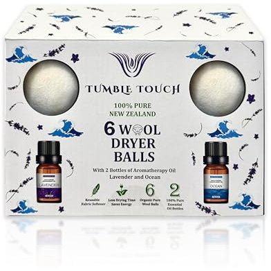 TUMBLE TOUCH 6 XL Wool Dryer Balls - 2 Essential Oils Gift Box Set. Natural Fabric Softener. Better Alternative to Sheets, Plastic Balls & Liquid Softener. Reduce Clothing Wrinkles & Saves Drying Time