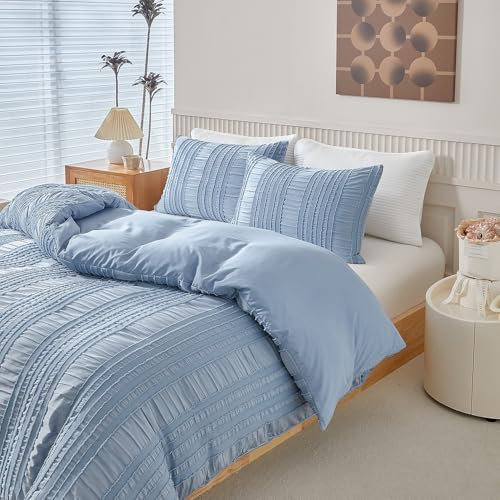 YASMENG Seersucker Bettwäsche 135x200 Blau Gestreift Getuftet Seersucker Bettwäsche Boho Bettwäsche Weich Atmungsaktiv Mikrofaser Bettbezug Set 2teilig mit Reißverschluss und 80x80 cm Kissenbezug